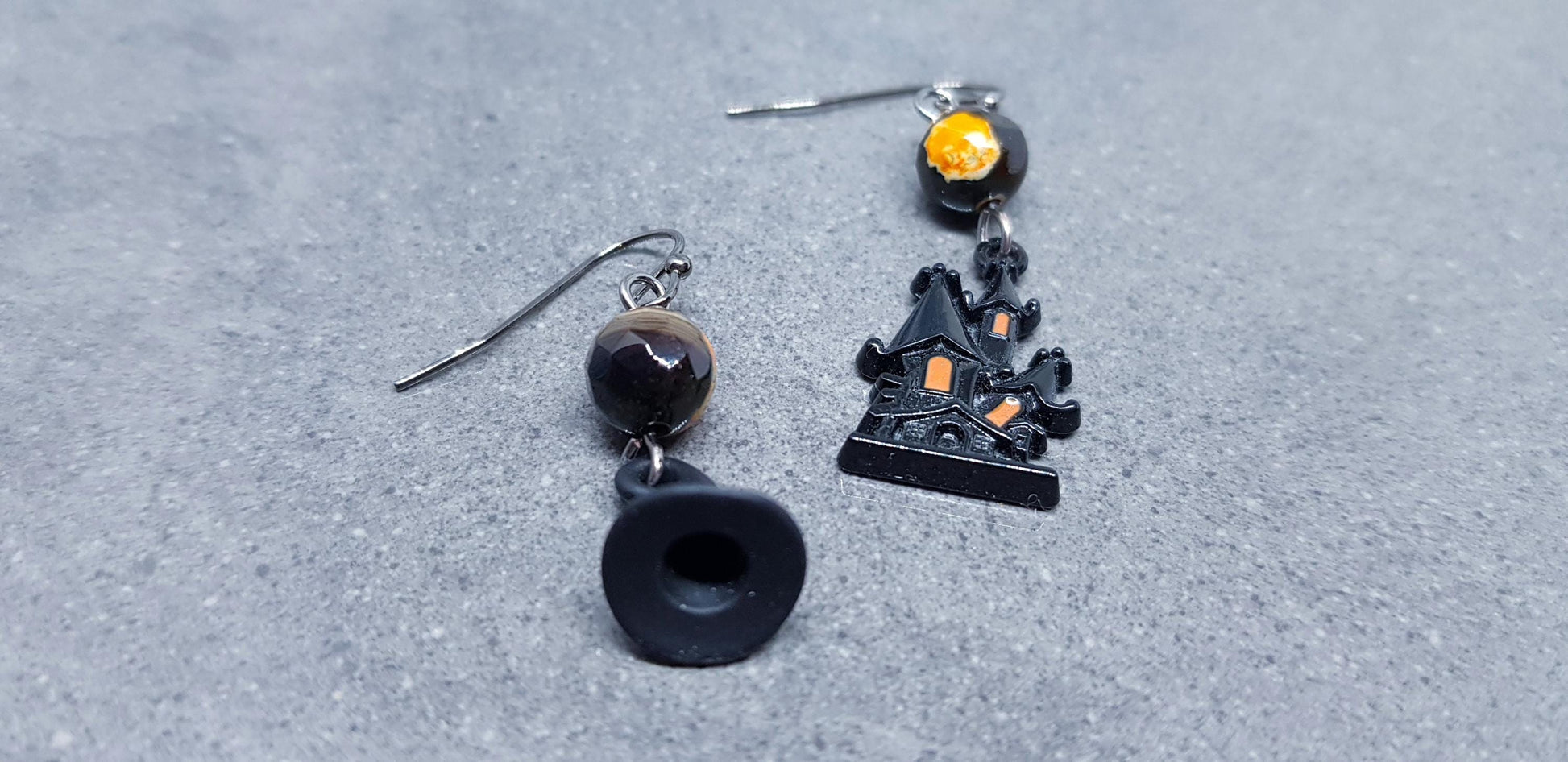 Haunted House Earrings, Hypoallergenic Ear Wires, Autumn Fall Earrings, Natural Fire Crackle Agate Beads, Halloween Earrings, Hallows Eve