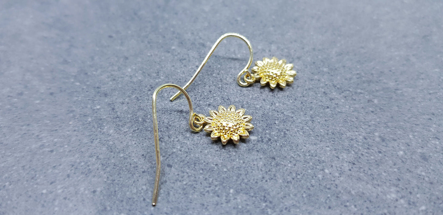 Brass Gold Sunflower Earrings, Flower Earrings, Gold Jewelry, Hypoallergenic Ear Wires or Sterling Silver Ear Wires