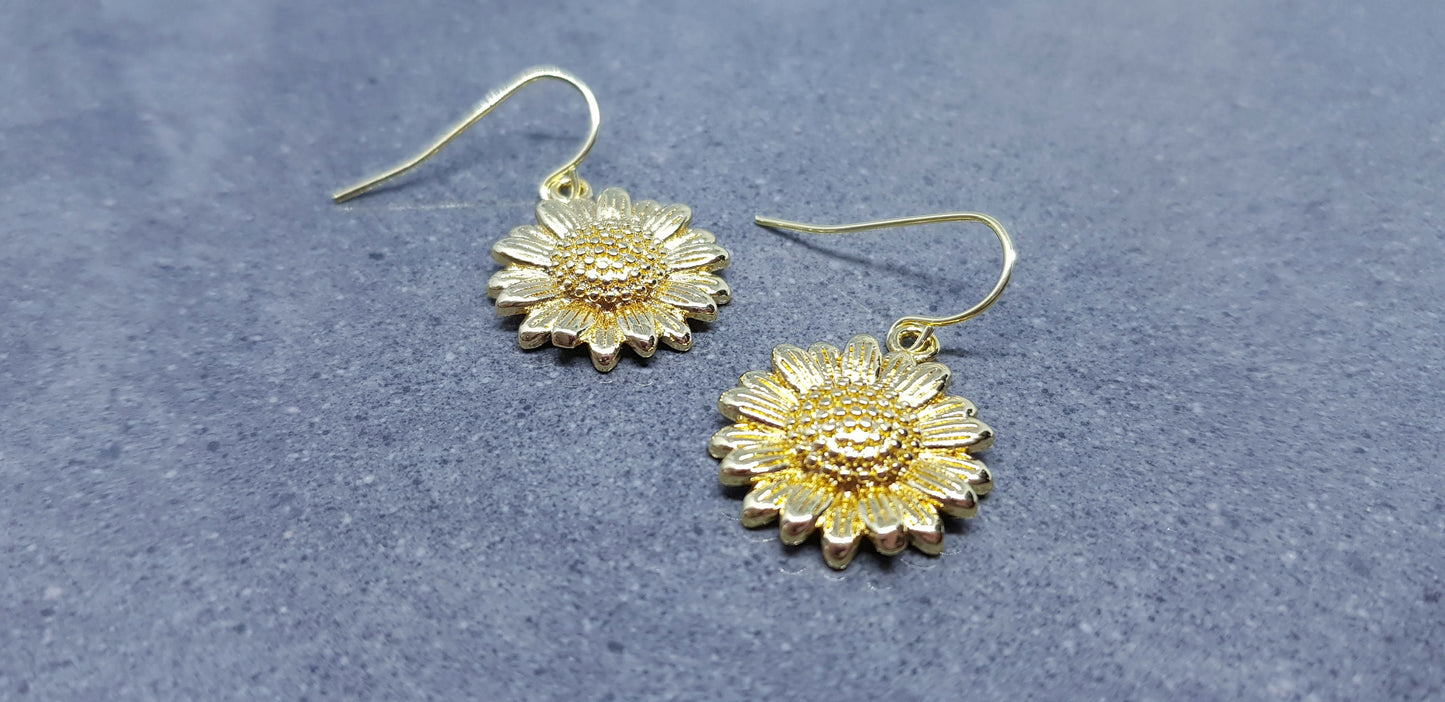 Gold Sunflower Earrings, Brass Sunflower, Flower Earrings, Real 18K Gold Plated, Hypoallergenic Ear Wires or Sterling Silver Ear Wires