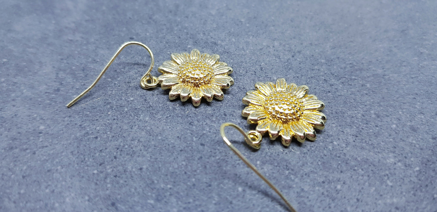 Gold Sunflower Earrings, Brass Sunflower, Flower Earrings, Real 18K Gold Plated, Hypoallergenic Ear Wires or Sterling Silver Ear Wires