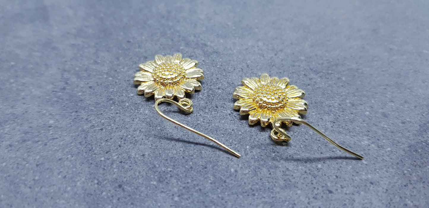 Gold Sunflower Earrings, Brass Sunflower, Flower Earrings, Real 18K Gold Plated, Hypoallergenic Ear Wires or Sterling Silver Ear Wires