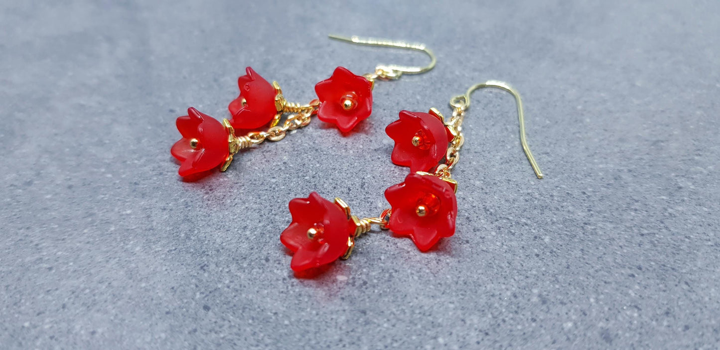 Flower Earrings, Hypoallergenic Ear Wires, Red Earrings, Boho Jewelry, Simple Vintage Earrings