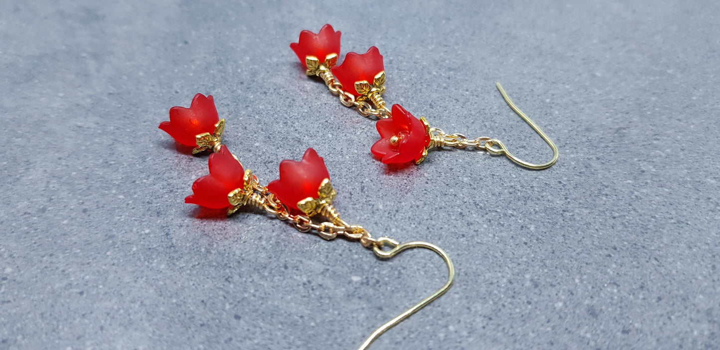 Flower Earrings, Hypoallergenic Ear Wires, Red Earrings, Boho Jewelry, Simple Vintage Earrings