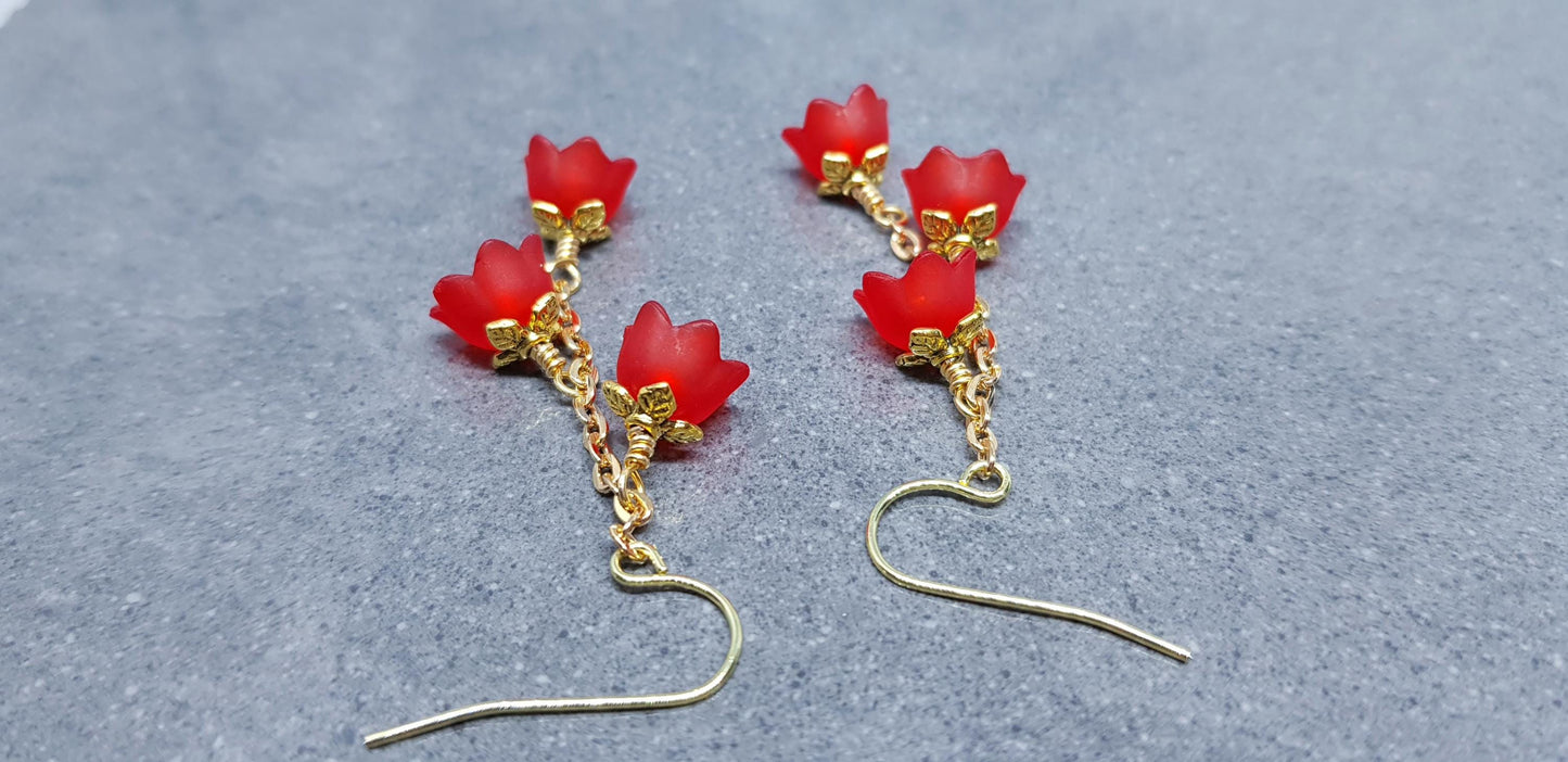 Flower Earrings, Hypoallergenic Ear Wires, Red Earrings, Boho Jewelry, Simple Vintage Earrings