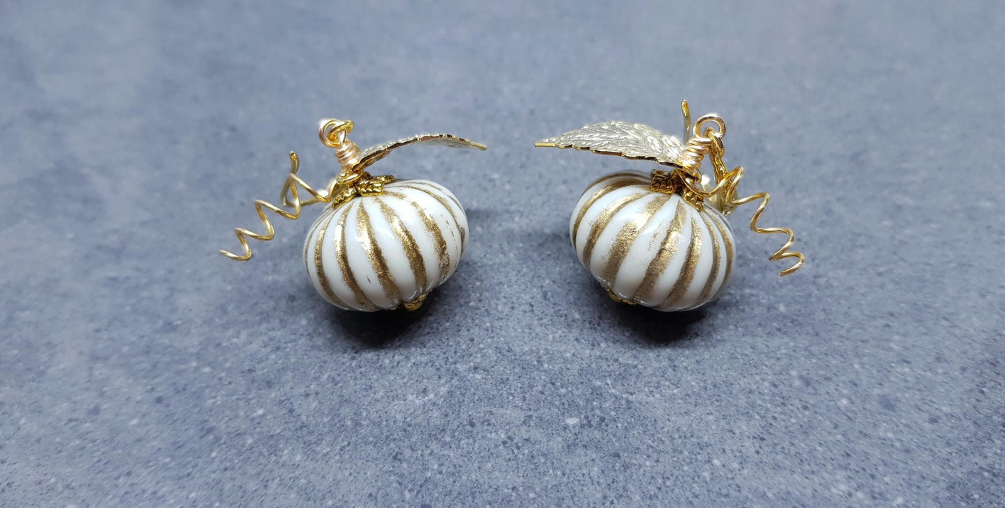 White Pumpkin Earrings, Hypoallergenic Ear Wires, Gold Earrings, Pumpkin Jewelry, Autumn Earrings, Fall Halloween, Thanksgiving