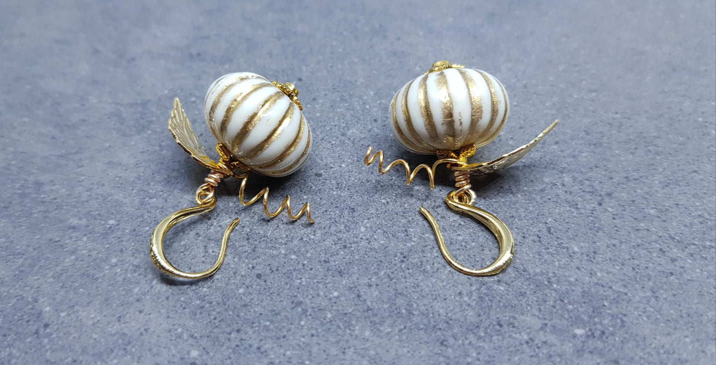 White Pumpkin Earrings, Hypoallergenic Ear Wires, Gold Earrings, Pumpkin Jewelry, Autumn Earrings, Fall Halloween, Thanksgiving