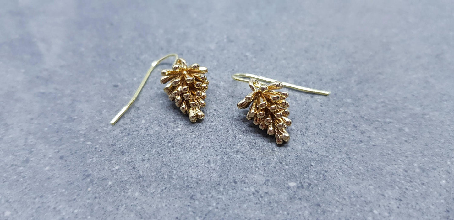 Gold Pinecone Earrings, Hypoallergenic Ear Wires, Autumn Winter Jewelry, Brass Earrings, 18k Real Light Gold Plated