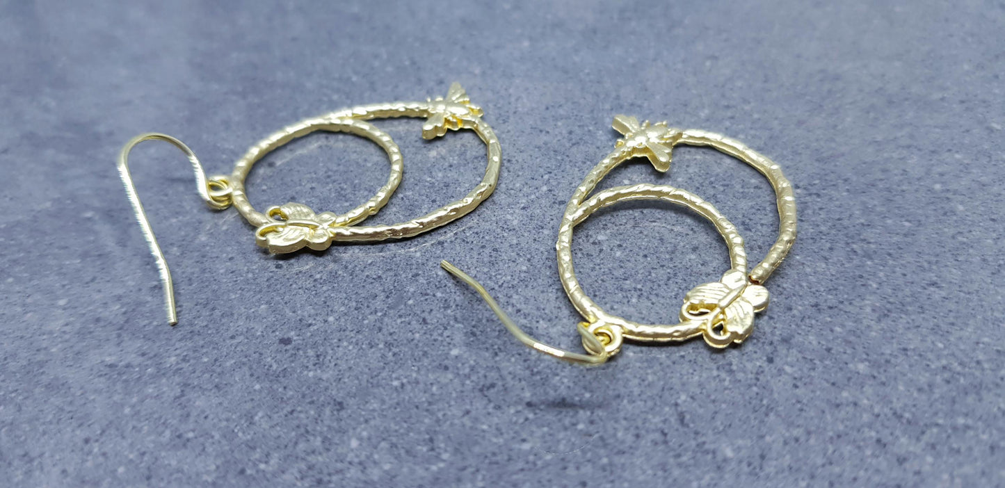 Bee Earrings, Hypoallergenic Ear Wires, Bumble Bee Earrings, Brushed Gold Earrings, Bee Lovers Earrings, Butterfly Earrings