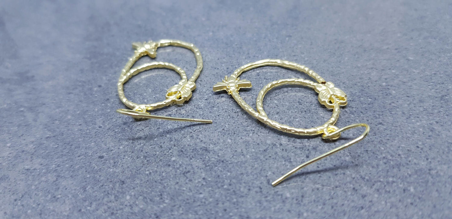 Bee Earrings, Hypoallergenic Ear Wires, Bumble Bee Earrings, Brushed Gold Earrings, Bee Lovers Earrings, Butterfly Earrings