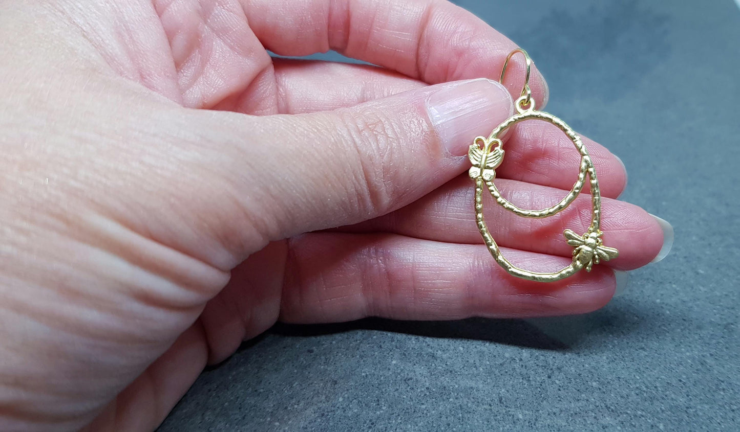 Bee Earrings, Hypoallergenic Ear Wires, Bumble Bee Earrings, Brushed Gold Earrings, Bee Lovers Earrings, Butterfly Earrings