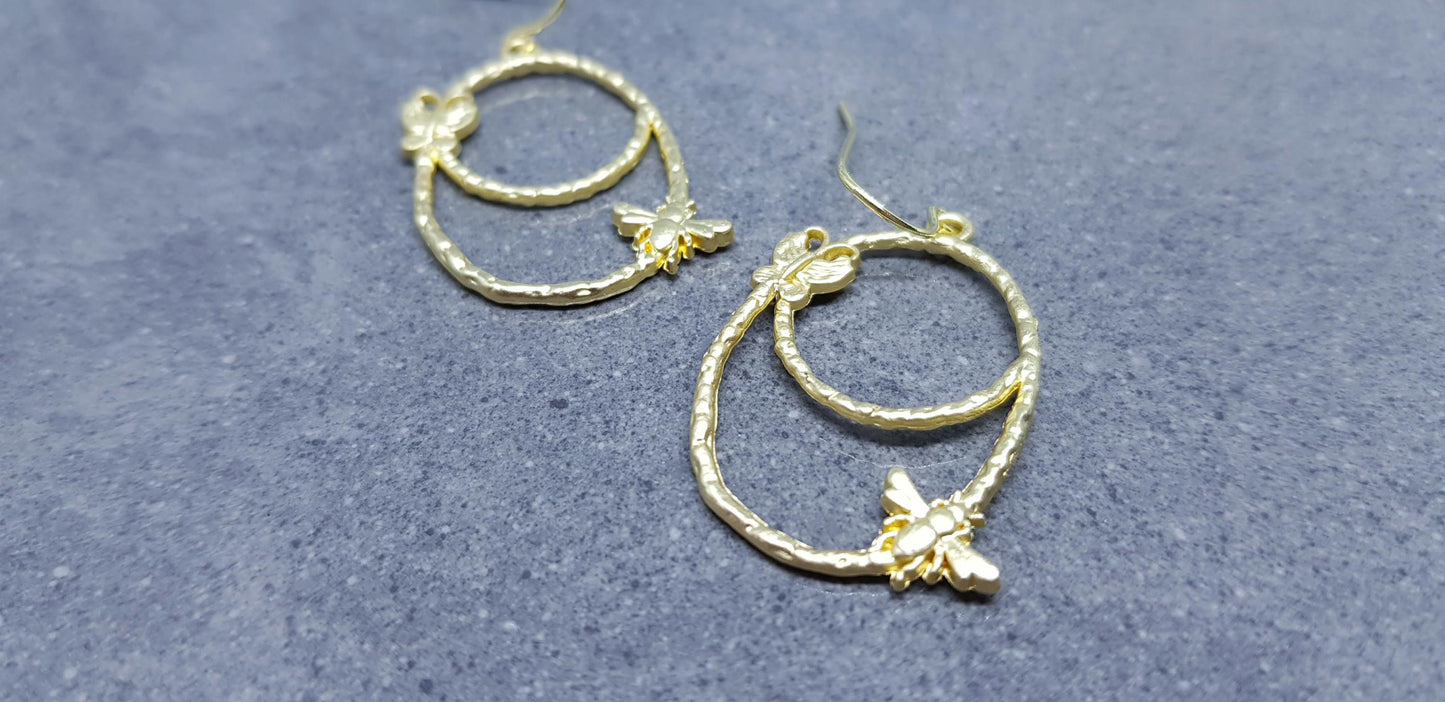 Bee Earrings, Hypoallergenic Ear Wires, Bumble Bee Earrings, Brushed Gold Earrings, Bee Lovers Earrings, Butterfly Earrings