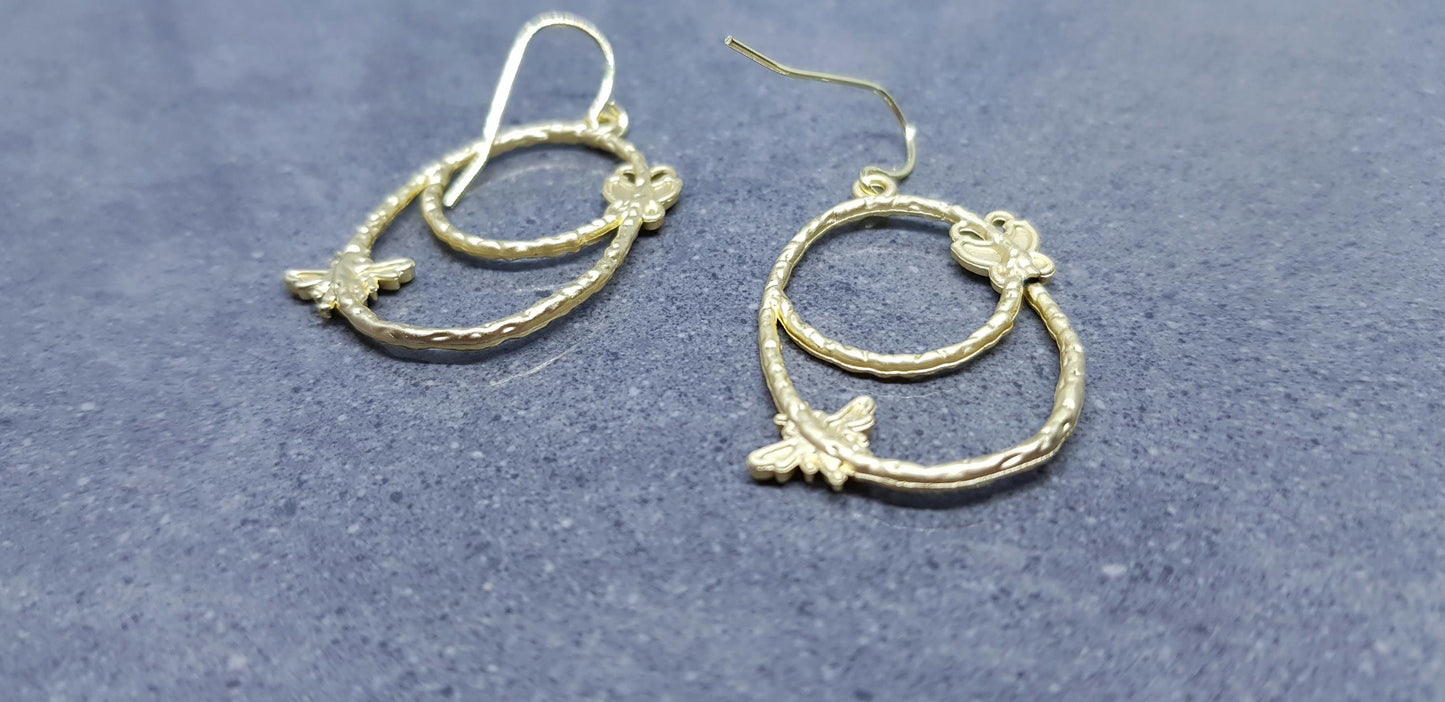 Bee Earrings, Hypoallergenic Ear Wires, Bumble Bee Earrings, Brushed Gold Earrings, Bee Lovers Earrings, Butterfly Earrings