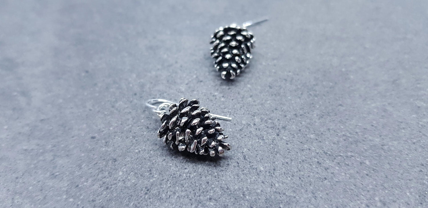Silver Pinecone Earrings, Hypoallergenic Ear Wires, Autumn Winter Jewelry