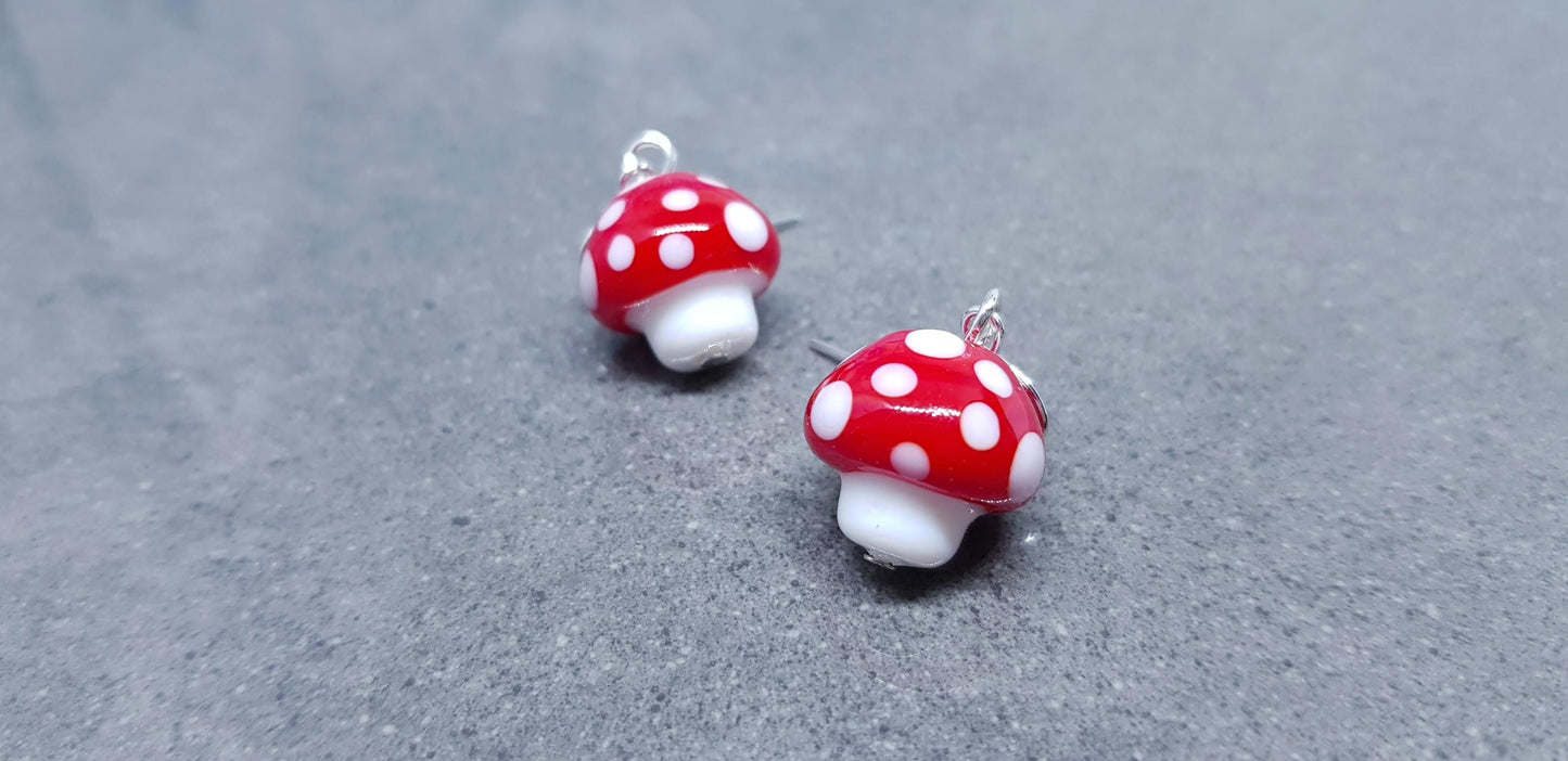 Glass Mushroom Earrings, Hypoallergenic Ear Wires, Toad Stool Earrings, Glass jewellery