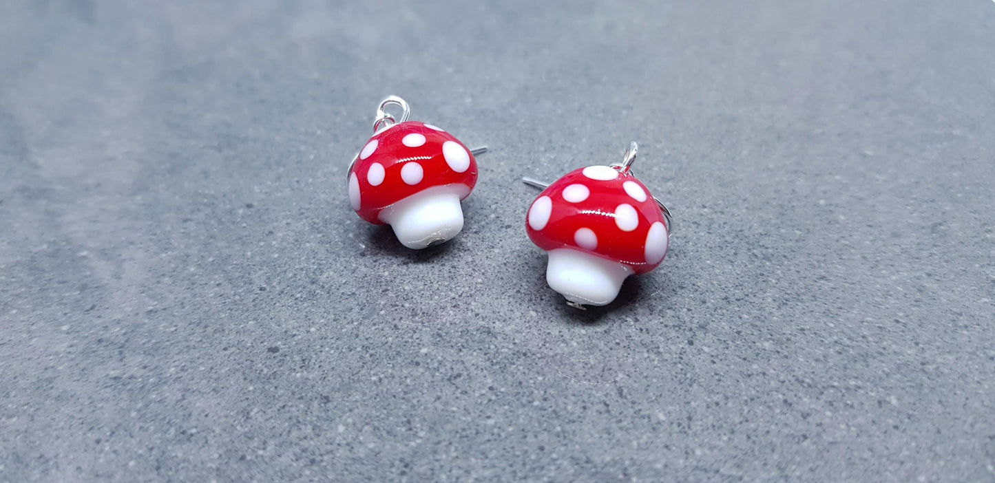 Glass Mushroom Earrings, Hypoallergenic Ear Wires, Toad Stool Earrings, Glass jewellery