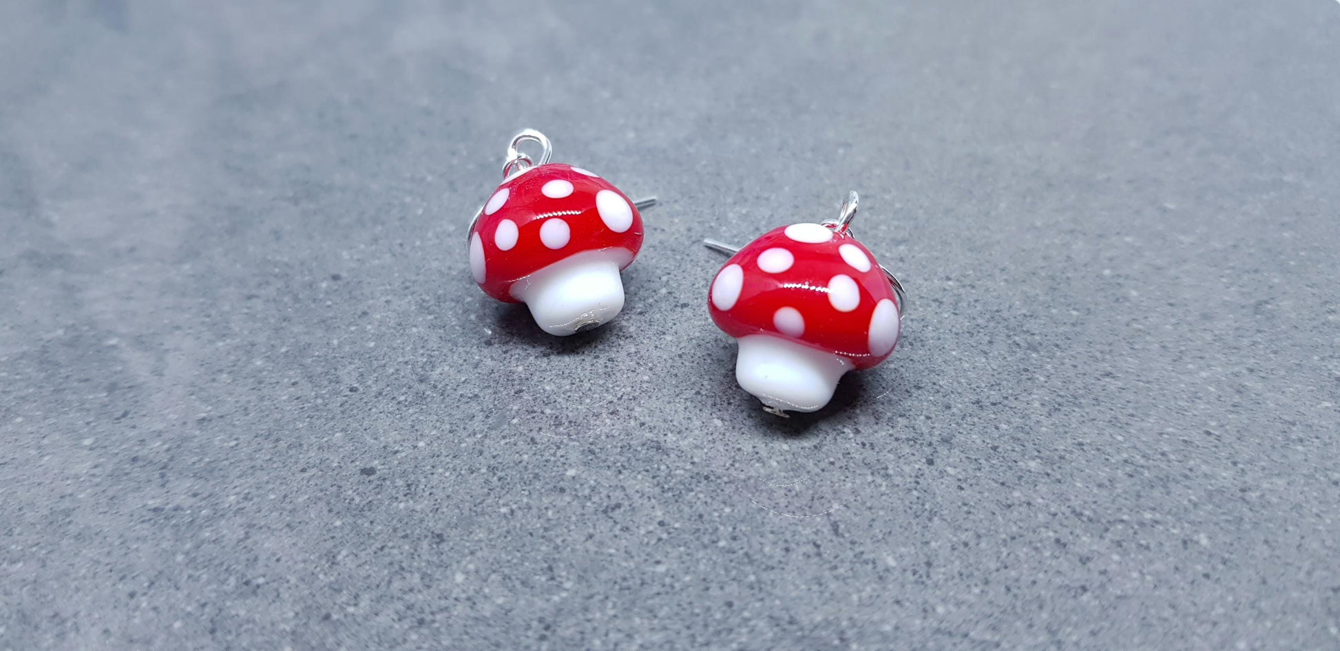 Glass Mushroom Earrings, Hypoallergenic Ear Wires, Toad Stool Earrings, Glass jewellery