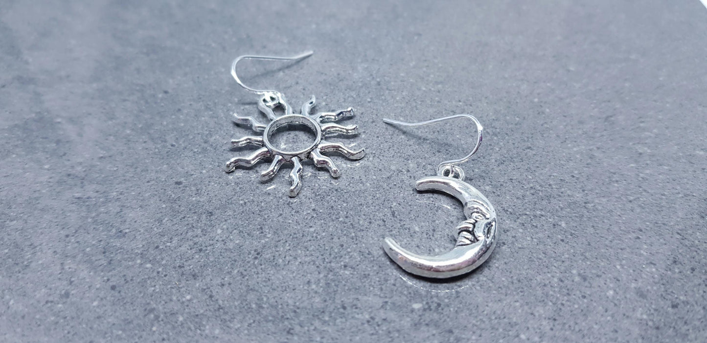 Sun and Moon Earrings, Hypoallergenic Ear Wires, Sterling Silver Ear Wires, Celestial Earrings, Crescent Moon Earrings, Sun Earrings
