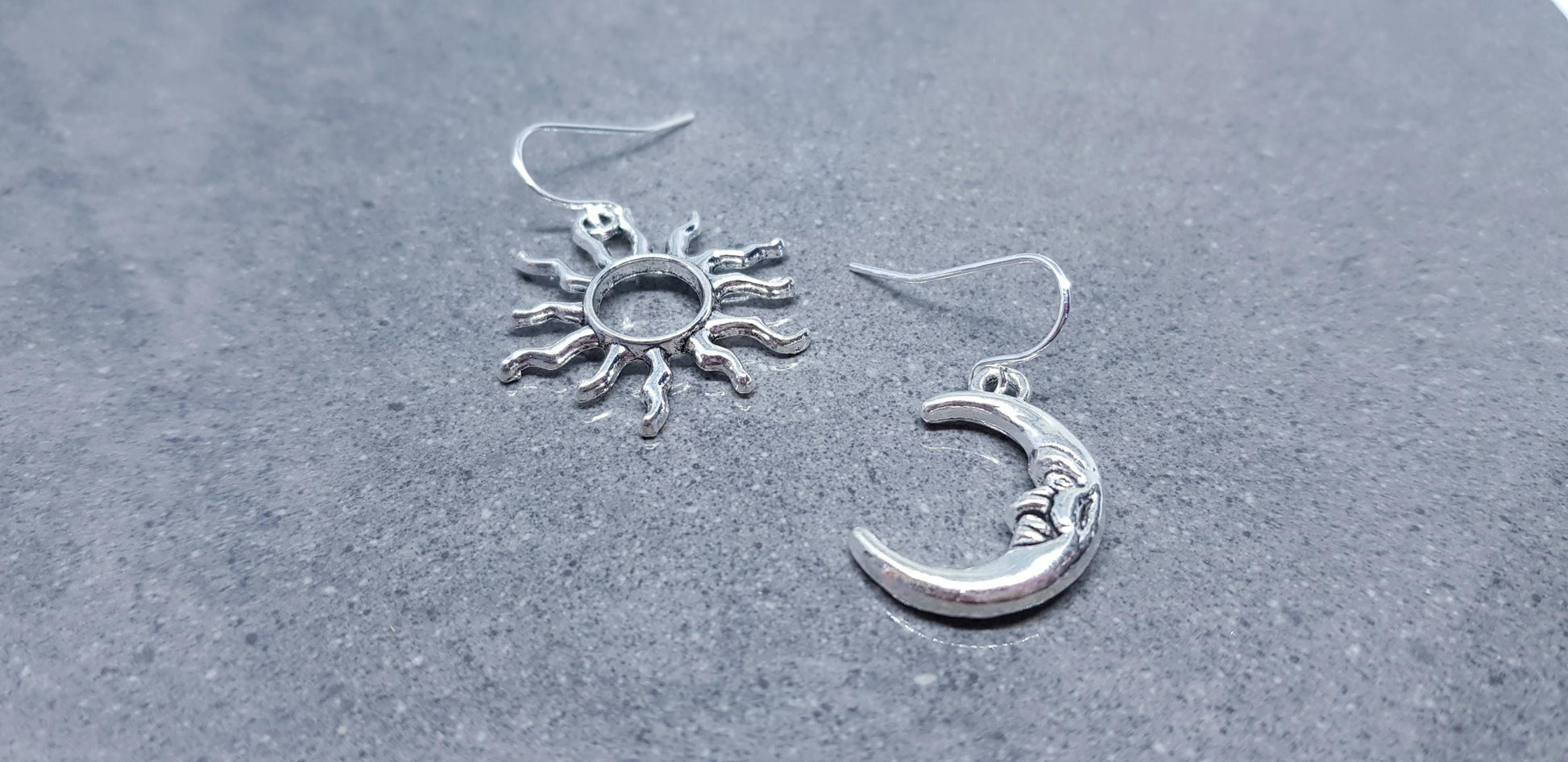 Sun and Moon Earrings, Hypoallergenic Ear Wires, Sterling Silver Ear Wires, Celestial Earrings, Crescent Moon Earrings, Sun Earrings