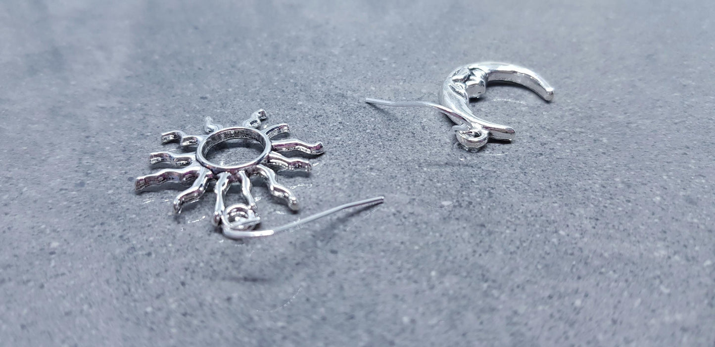 Sun and Moon Earrings, Hypoallergenic Ear Wires, Sterling Silver Ear Wires, Celestial Earrings, Crescent Moon Earrings, Sun Earrings