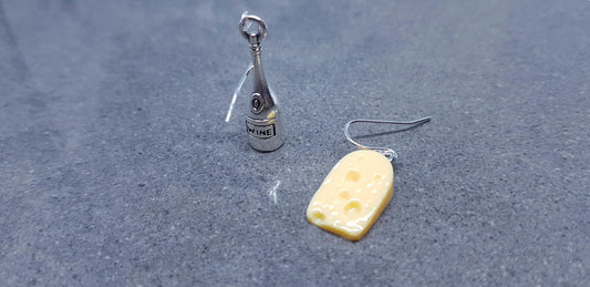Cheese and Wine Earrings, Hypoallergenic Ear Wires, Silver Wine Bottle Jewelry, Celebration Earrings, Gift Ideas