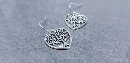 Heart Tree of Life Earrings, Hypoallergenic Ear Wires, 925 Sterling Silver Hooks, Silver Plated Hooks