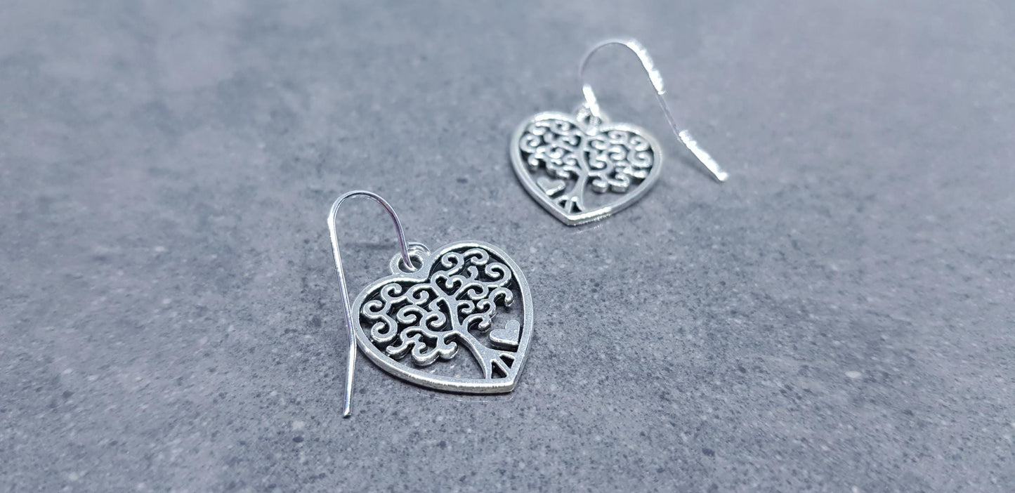 Heart Tree of Life Earrings, Hypoallergenic Ear Wires, 925 Sterling Silver Hooks, Silver Plated Hooks