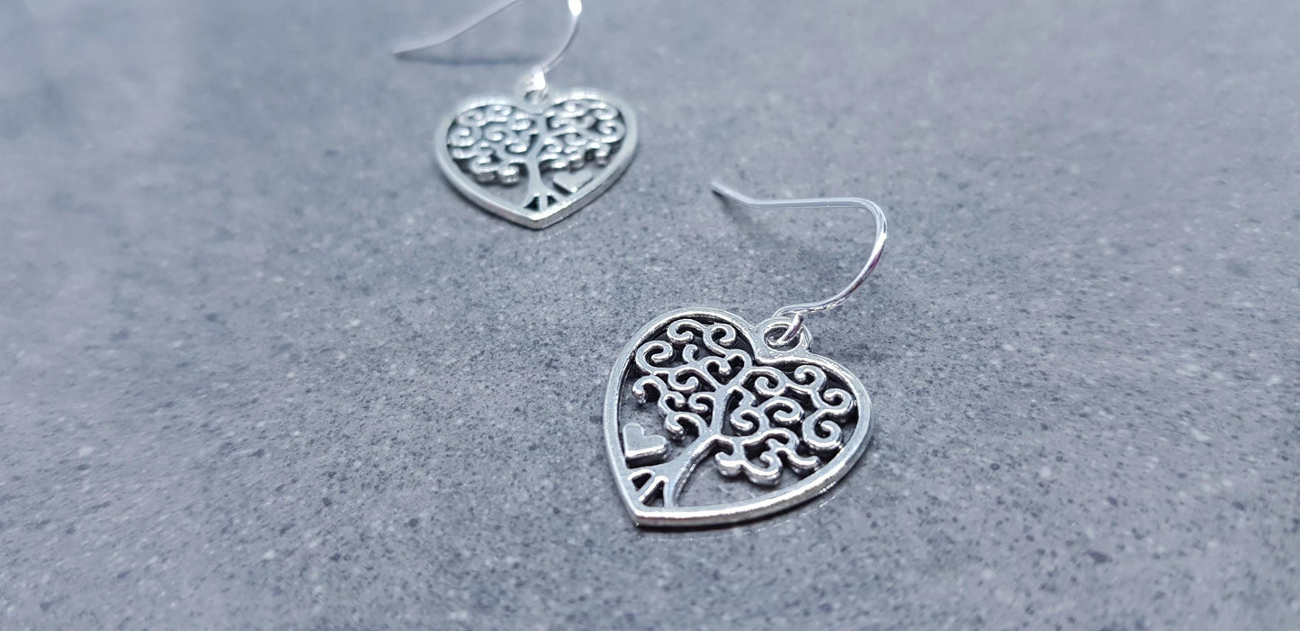 Heart Tree of Life Earrings, Hypoallergenic Ear Wires, 925 Sterling Silver Hooks, Silver Plated Hooks