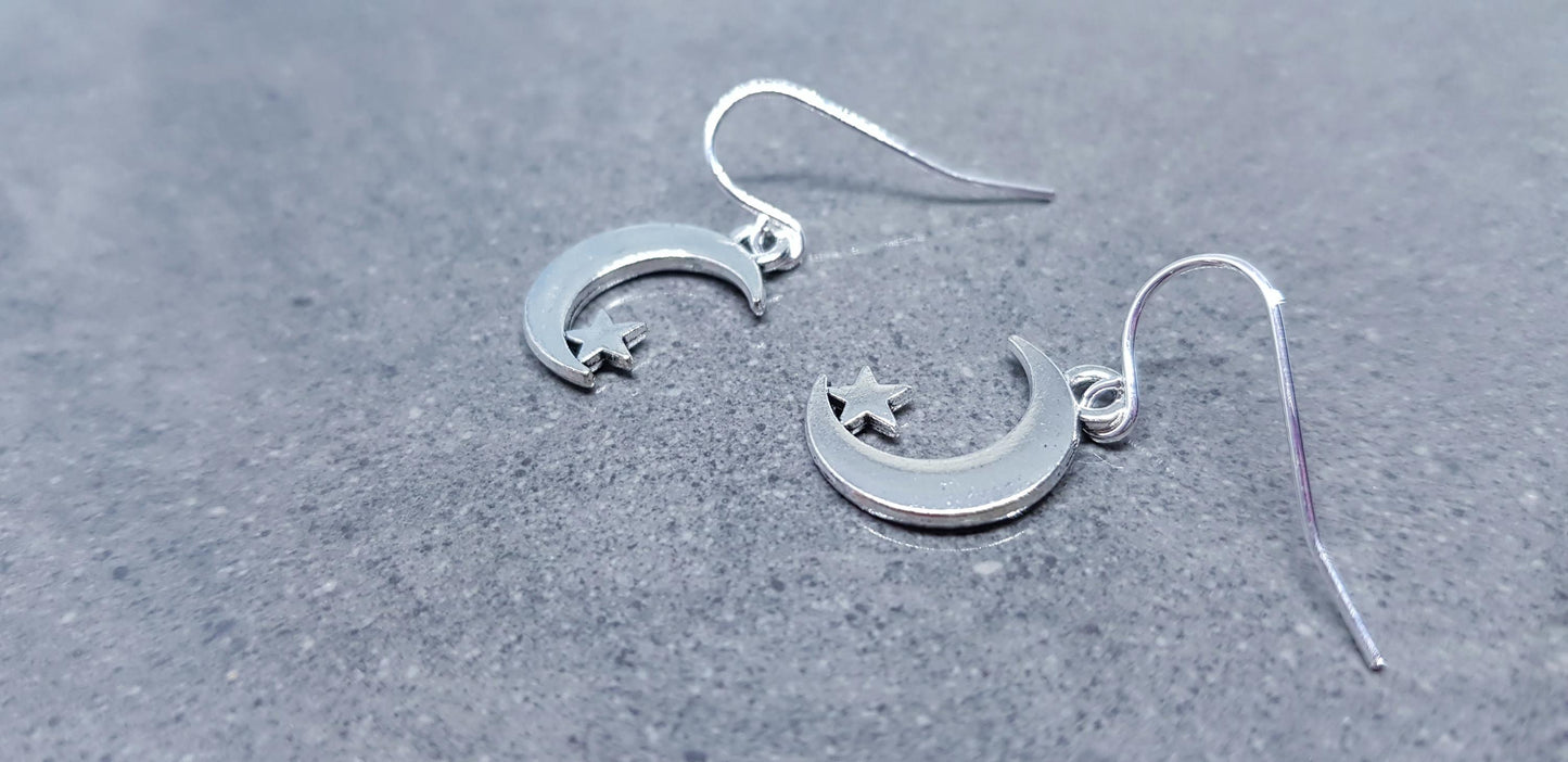 Crescent Moon and Star Earrings, Hypoallergenic Ear Wires, Star Earrings, Crescent Moon Earrings