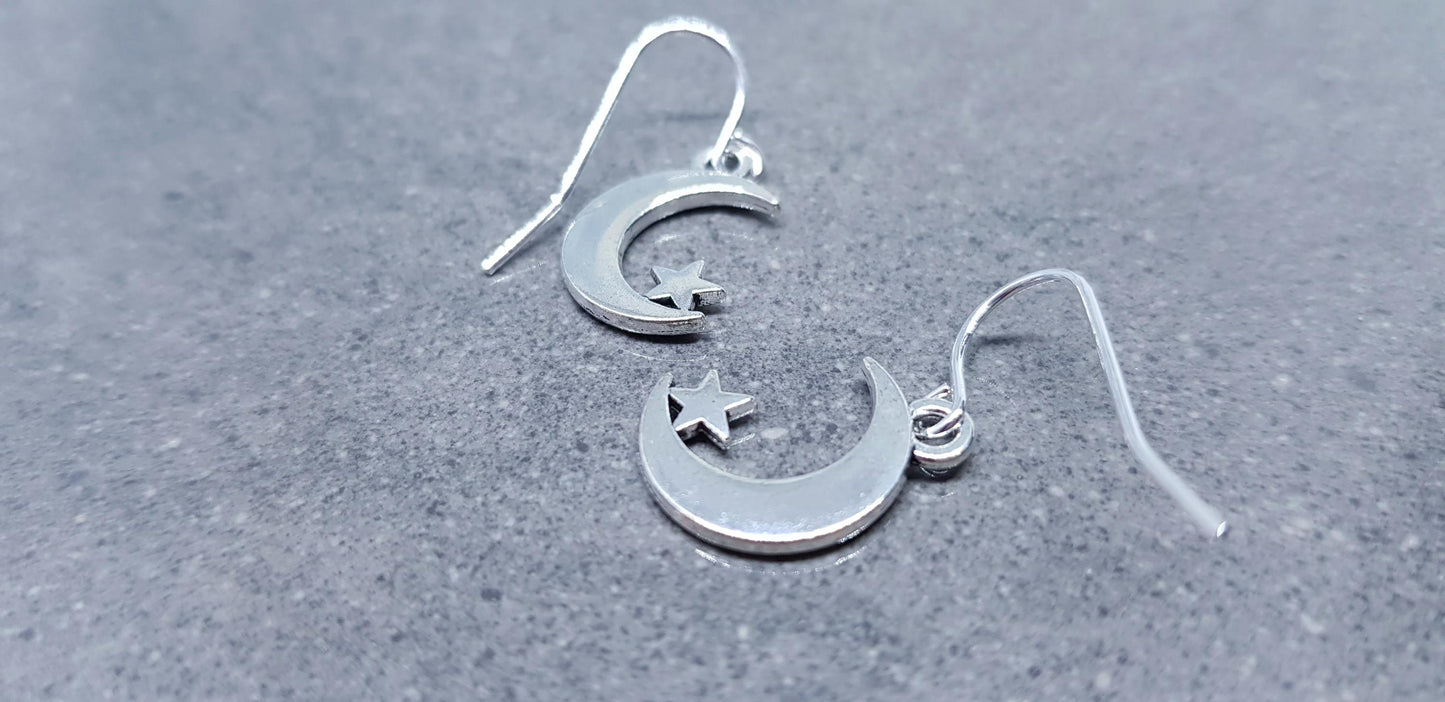 Crescent Moon and Star Earrings, Hypoallergenic Ear Wires, Star Earrings, Crescent Moon Earrings