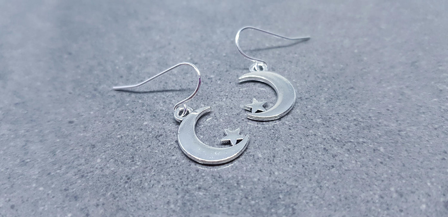 Crescent Moon and Star Earrings, Hypoallergenic Ear Wires, Star Earrings, Crescent Moon Earrings