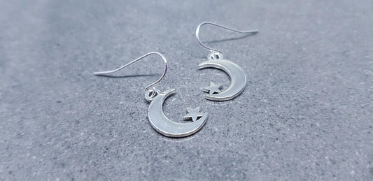 Crescent Moon and Star Earrings, Hypoallergenic Ear Wires, Star Earrings, Crescent Moon Earrings