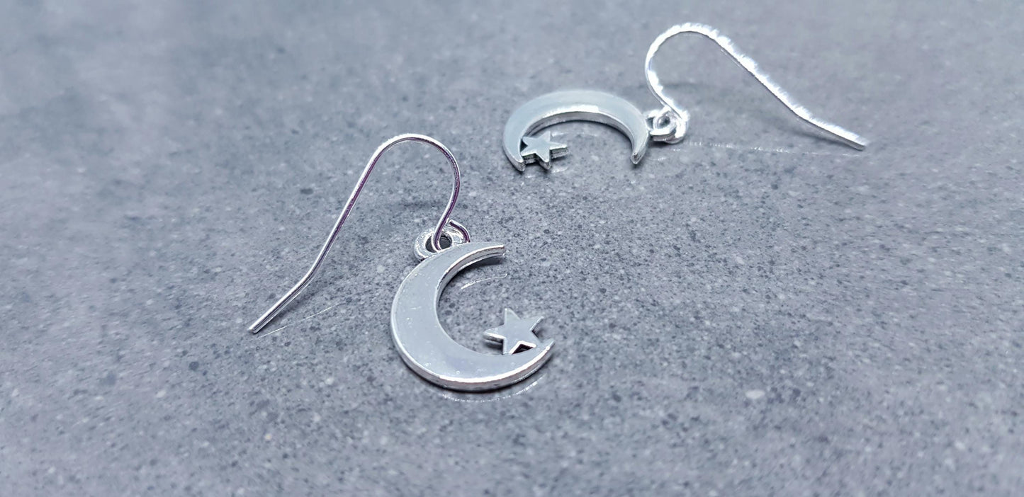 Crescent Moon and Star Earrings, Hypoallergenic Ear Wires, Star Earrings, Crescent Moon Earrings