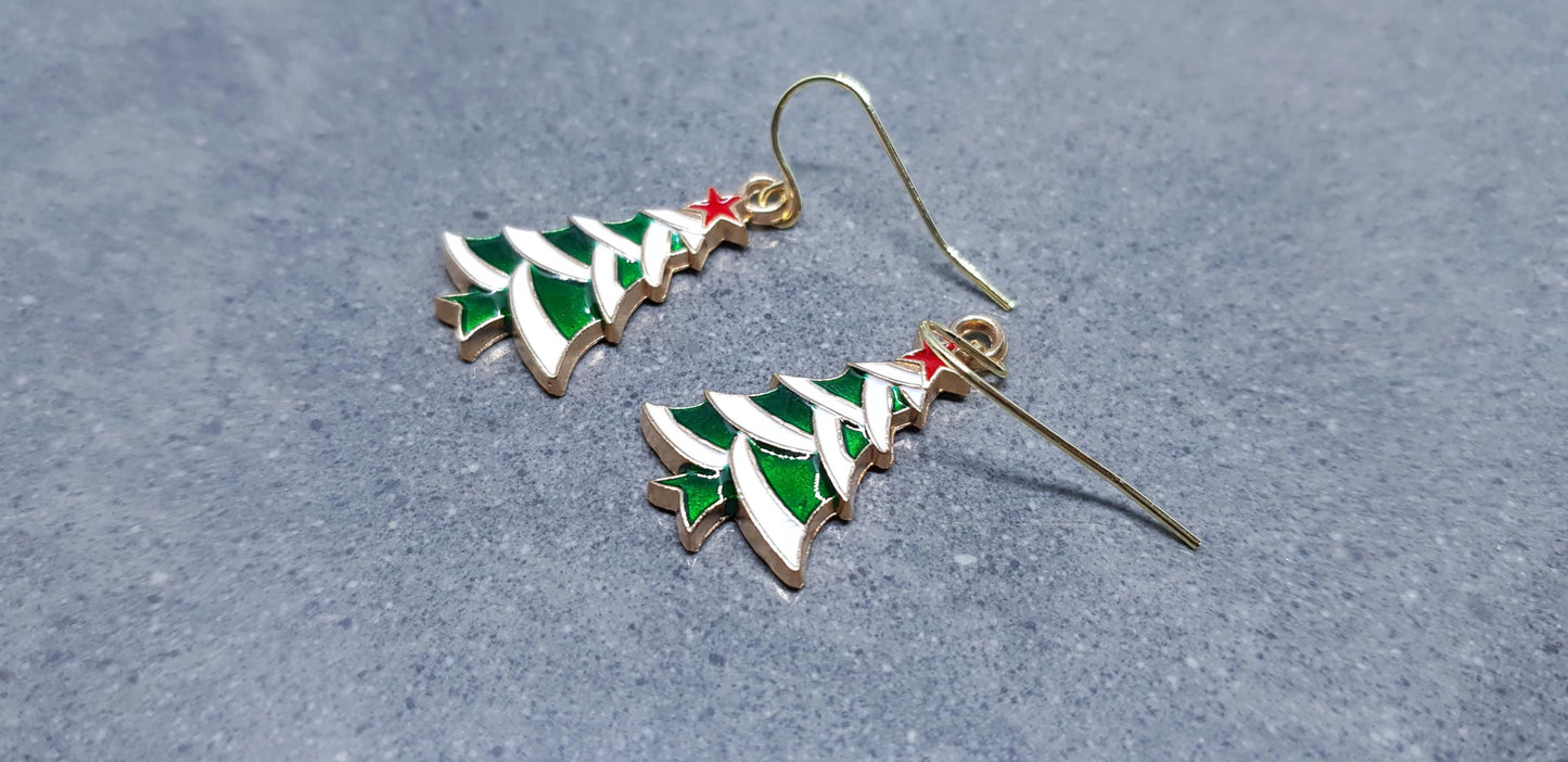 Christmas Tree Earrings, Choice of Ear Wires, Gold Christmas Earrings, Festive Earrings, Green, Red, White Enamelling, Christmas Tree