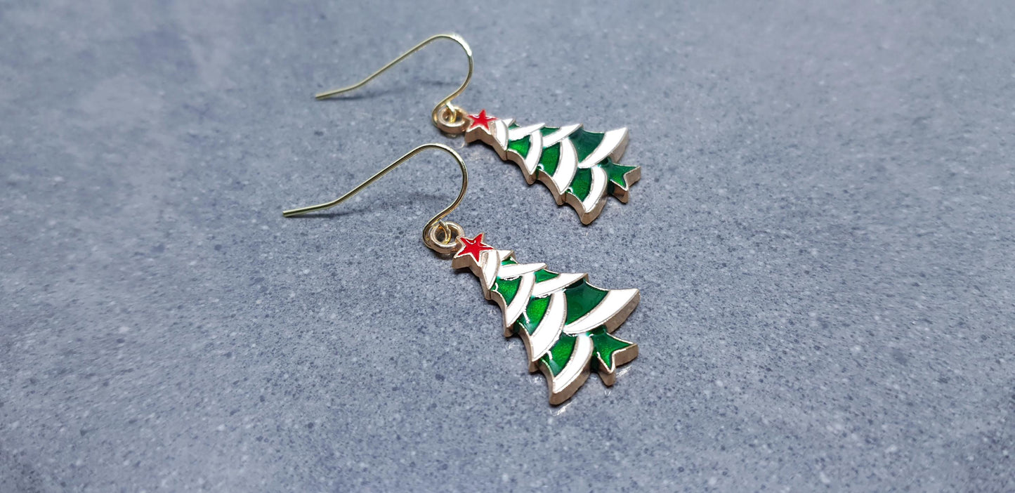 Christmas Tree Earrings, Choice of Ear Wires, Gold Christmas Earrings, Festive Earrings, Green, Red, White Enamelling, Christmas Tree
