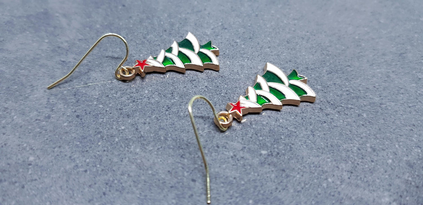 Christmas Tree Earrings, Choice of Ear Wires, Gold Christmas Earrings, Festive Earrings, Green, Red, White Enamelling, Christmas Tree