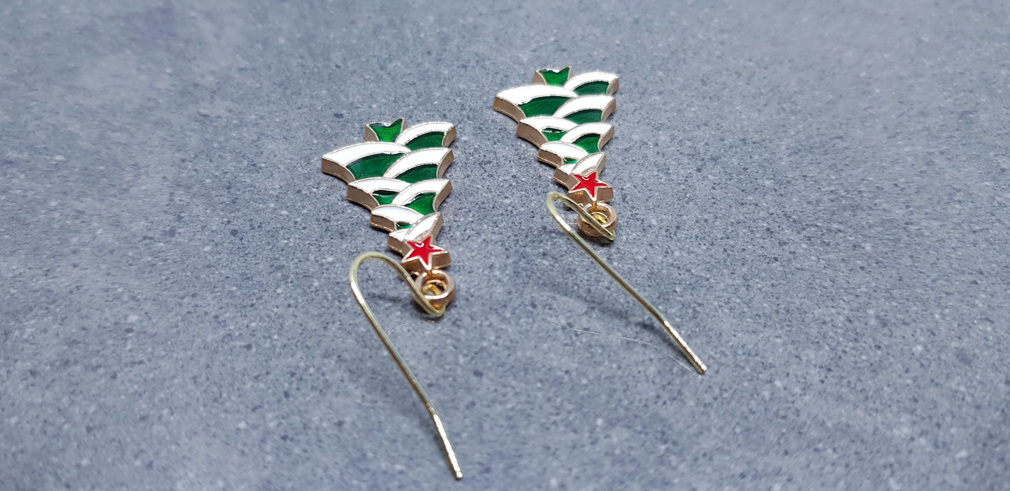 Christmas Tree Earrings, Choice of Ear Wires, Gold Christmas Earrings, Festive Earrings, Green, Red, White Enamelling, Christmas Tree