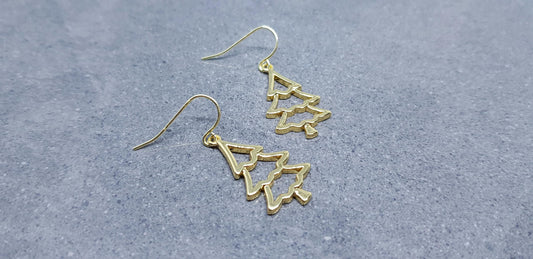 Christmas Tree Earrings, Hypoallergenic Ear Wires, Brass Real 18K Gold Plated, Christmas Earrings, Festive Earrings, Gold Christmas Tree