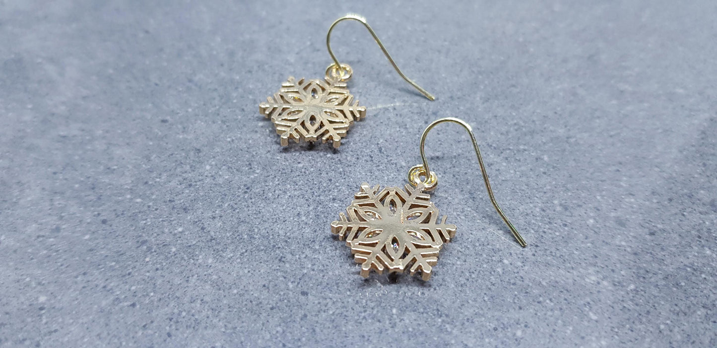 Snowflake Earrings, Hypoallergenic Ear Wires, Brass Micro Pave Cubic Zirconia, Gold Snowflake Earrings, Christmas Earrings, Festive Earrings