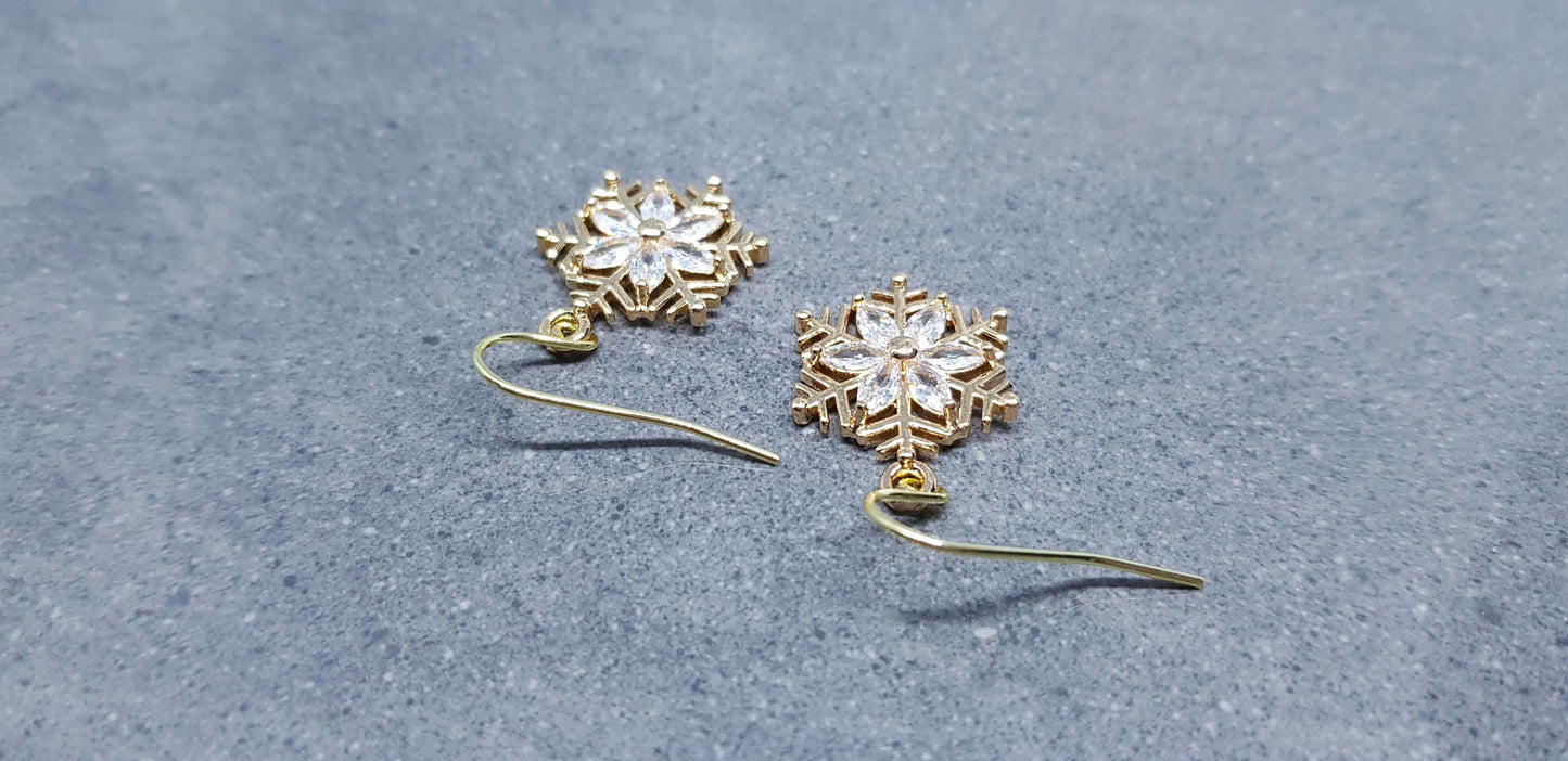 Snowflake Earrings, Hypoallergenic Ear Wires, Brass Micro Pave Cubic Zirconia, Gold Snowflake Earrings, Christmas Earrings, Festive Earrings