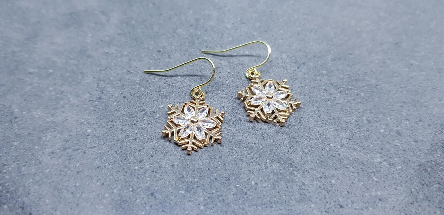 Snowflake Earrings, Hypoallergenic Ear Wires, Brass Micro Pave Cubic Zirconia, Gold Snowflake Earrings, Christmas Earrings, Festive Earrings