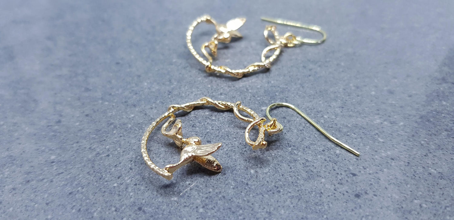 Gold Hoop Earrings, Hypoallergenic Ear Wires, Bird Earrings, Flower Earrings, Branch Hoop Jewelry, Detailed and Pretty