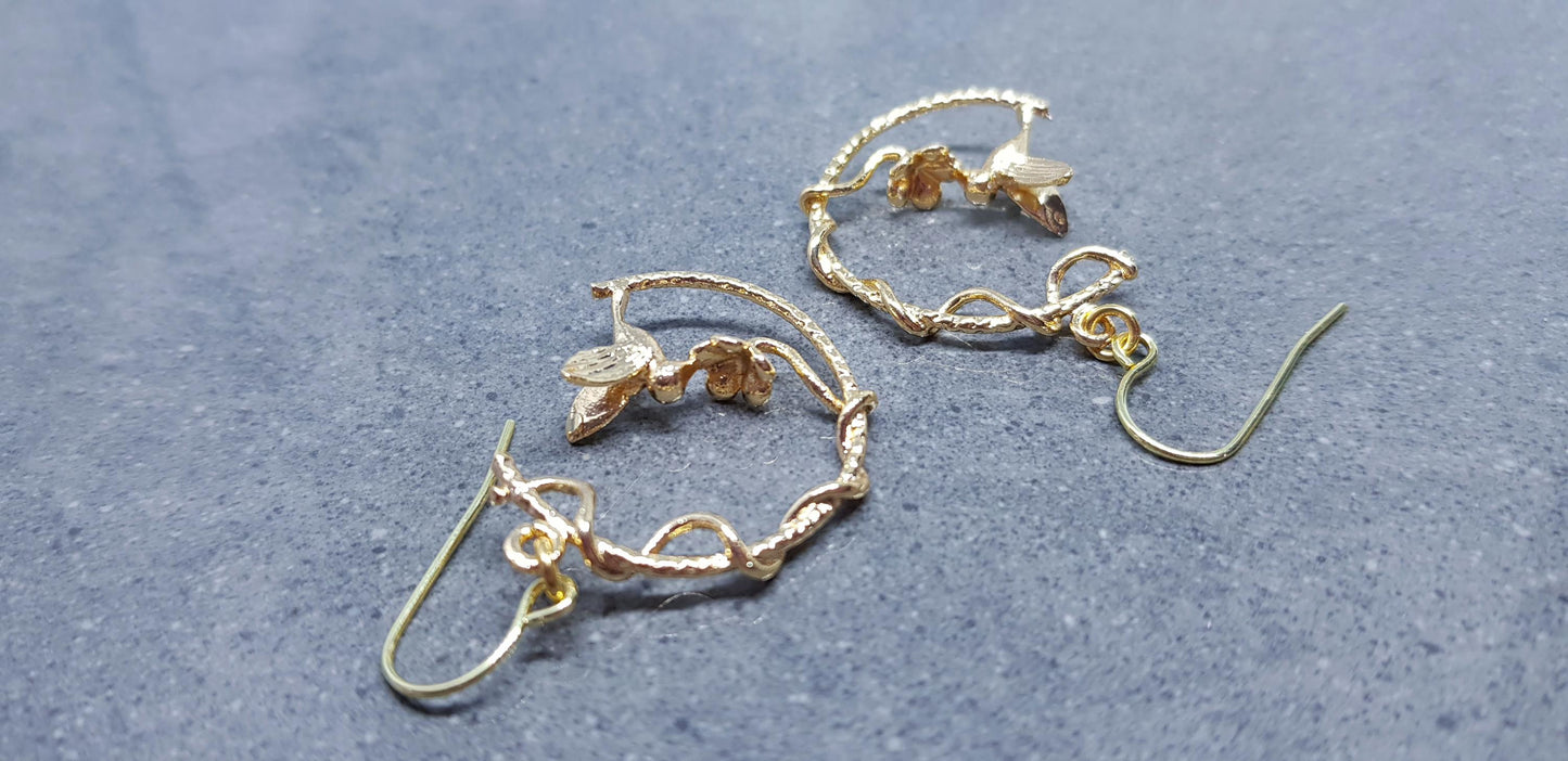 Gold Hoop Earrings, Hypoallergenic Ear Wires, Bird Earrings, Flower Earrings, Branch Hoop Jewelry, Detailed and Pretty