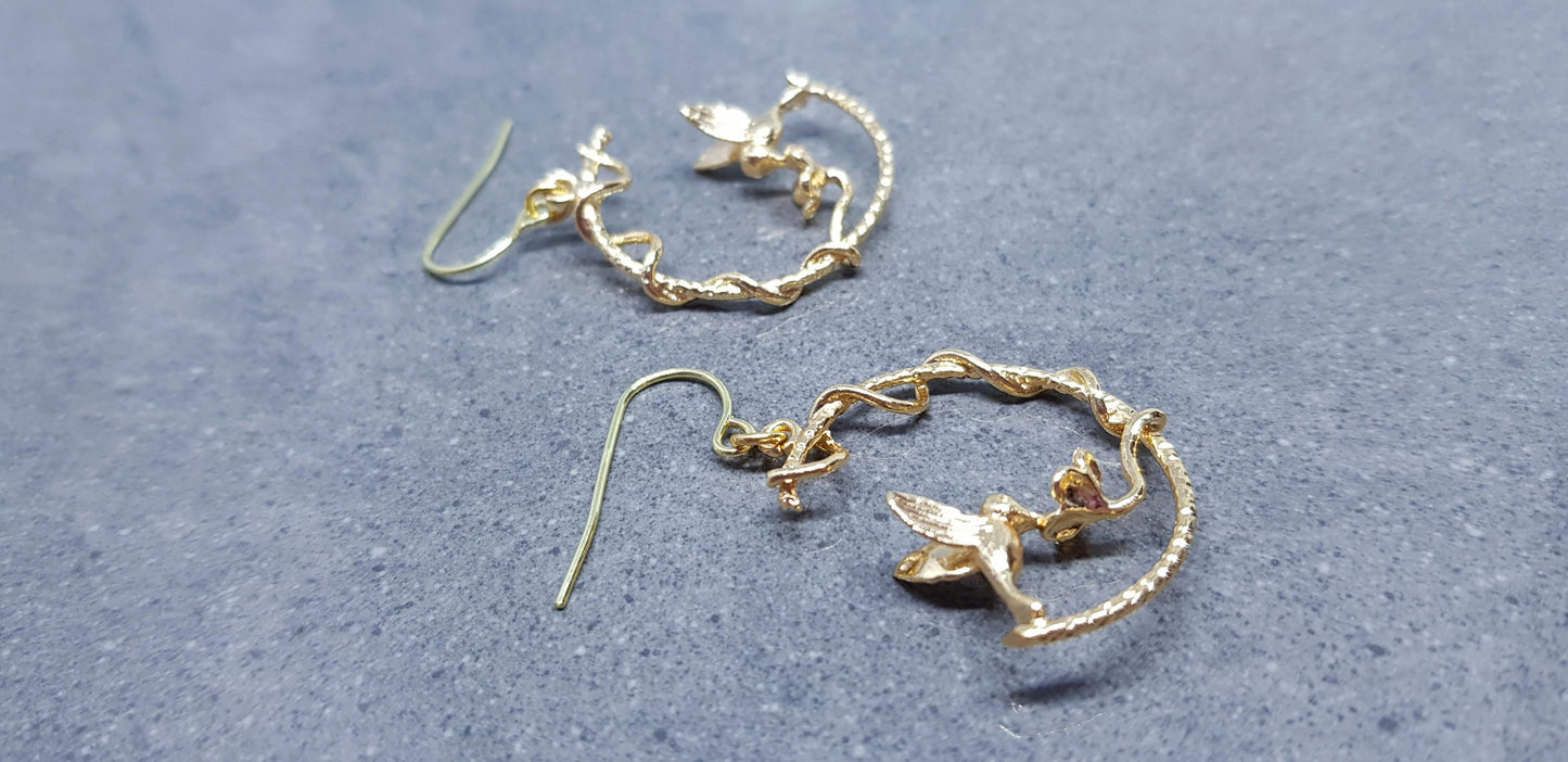 Gold Hoop Earrings, Hypoallergenic Ear Wires, Bird Earrings, Flower Earrings, Branch Hoop Jewelry, Detailed and Pretty