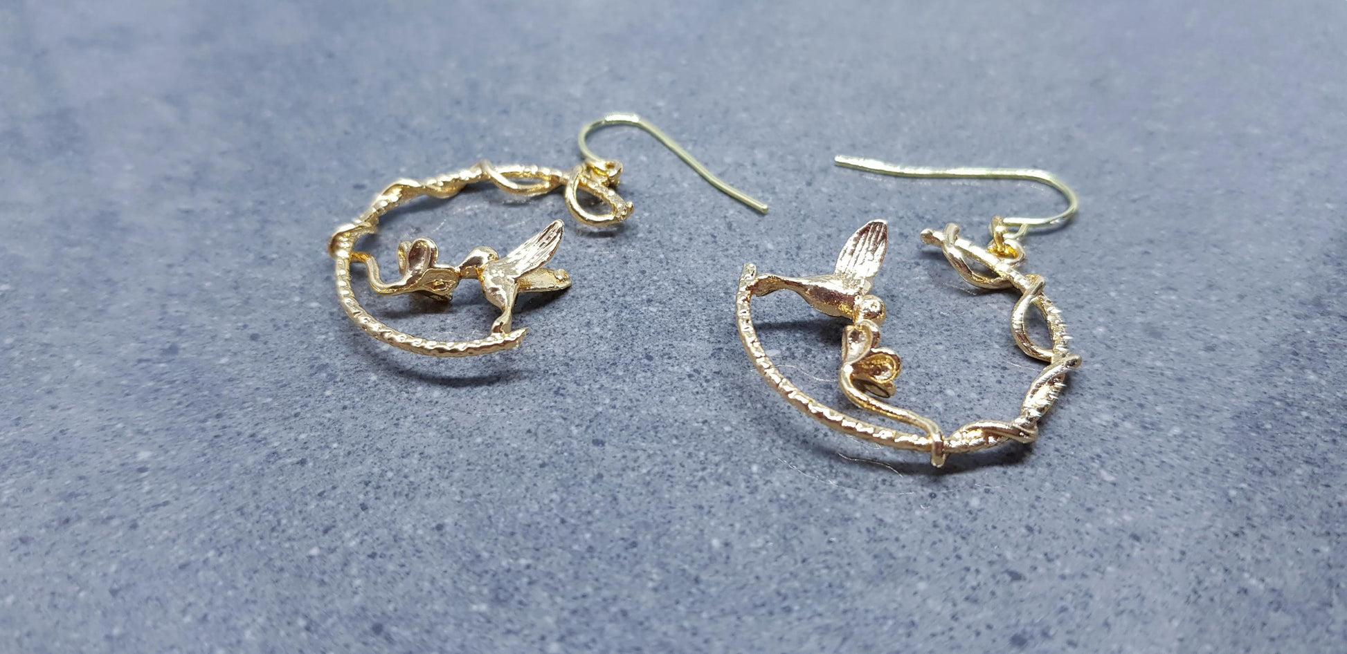 Gold Hoop Earrings, Hypoallergenic Ear Wires, Bird Earrings, Flower Earrings, Branch Hoop Jewelry, Detailed and Pretty