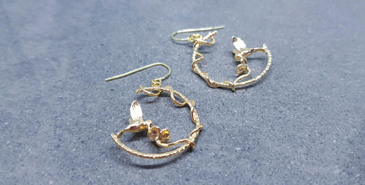 Gold Hoop Earrings, Hypoallergenic Ear Wires, Bird Earrings, Flower Earrings, Branch Hoop Jewelry, Detailed and Pretty