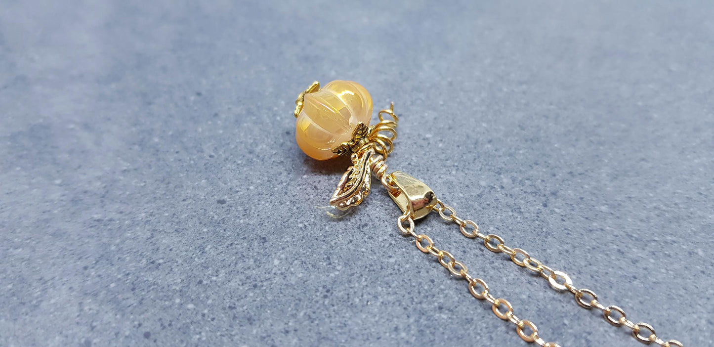 Glass Pumpkin Necklace, Hypoallergenic Ear Wires, 18K gold plated Chain, Glass Jewelry, Autumn Necklace, Fall, Halloween, Thanksgiving