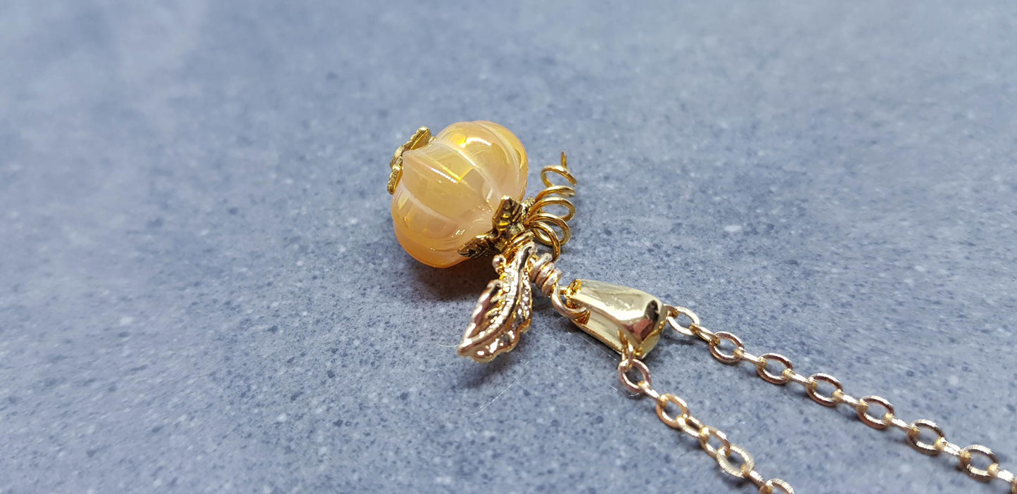 Glass Pumpkin Necklace, Hypoallergenic Ear Wires, 18K gold plated Chain, Glass Jewelry, Autumn Necklace, Fall, Halloween, Thanksgiving