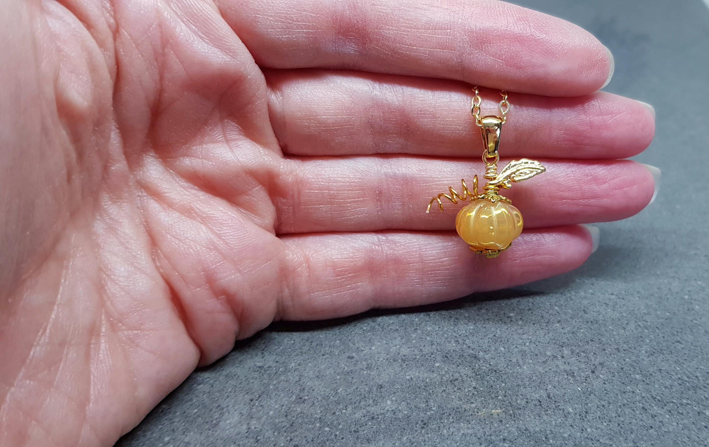 Glass Pumpkin Necklace, Hypoallergenic Ear Wires, 18K gold plated Chain, Glass Jewelry, Autumn Necklace, Fall, Halloween, Thanksgiving