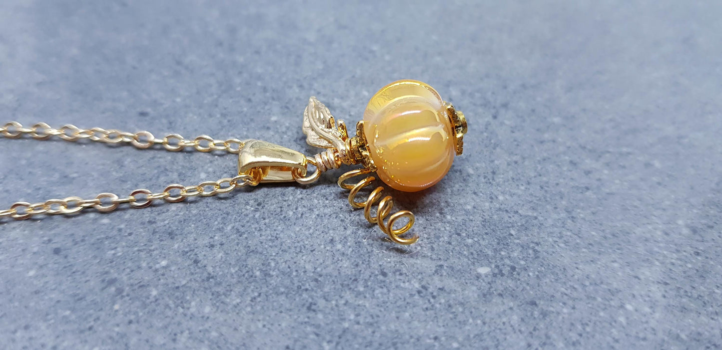 Glass Pumpkin Necklace, Hypoallergenic Ear Wires, 18K gold plated Chain, Glass Jewelry, Autumn Necklace, Fall, Halloween, Thanksgiving