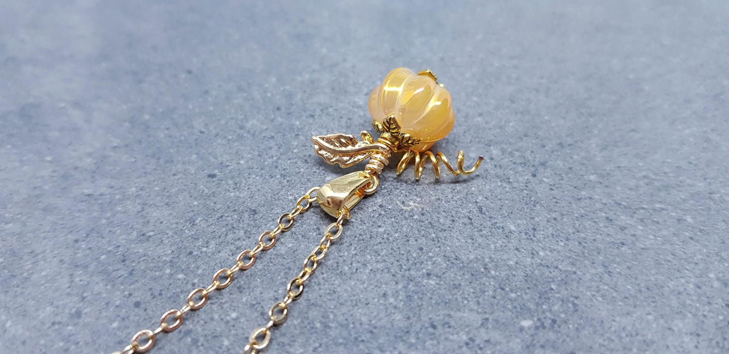 Glass Pumpkin Necklace, Hypoallergenic Ear Wires, 18K gold plated Chain, Glass Jewelry, Autumn Necklace, Fall, Halloween, Thanksgiving